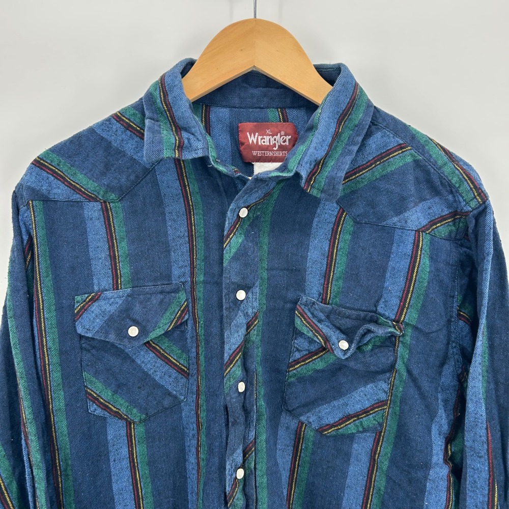Wrangler Western Shirt Mens XL Blue Green Striped Flannel Pearl Snap Long Sleeve